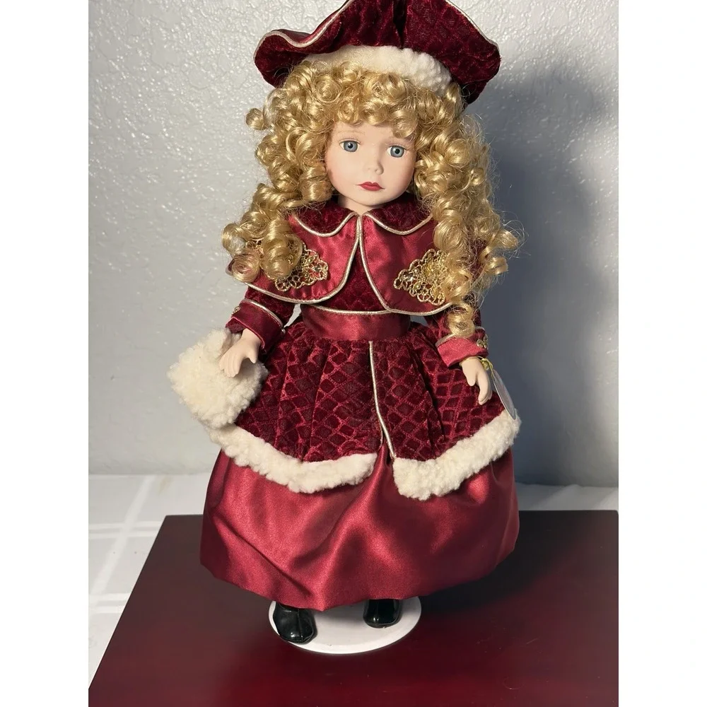 Victorian Rose Collection Porcelain Doll- Blonde Curls - Burgundy Velvet Dress